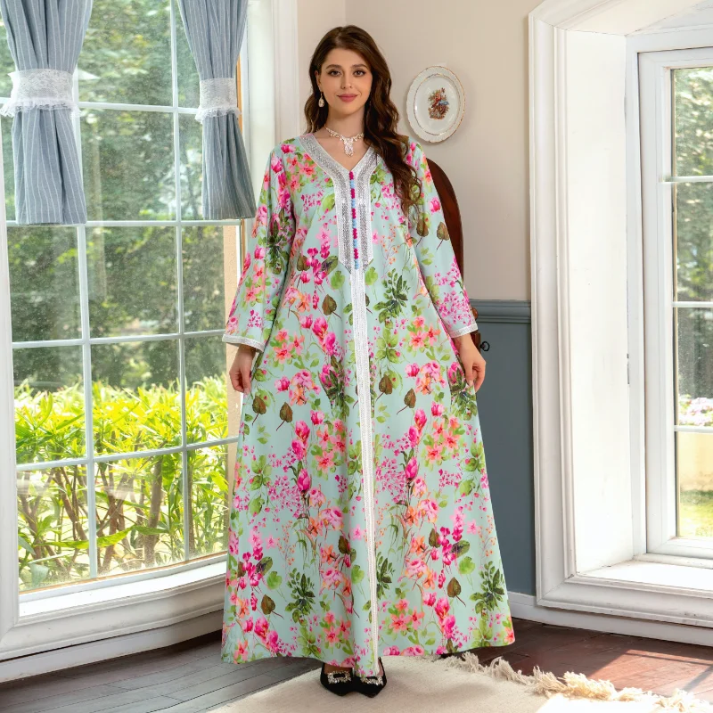 Abaya Dress 2023 Spring Summer Muslim Women Long Sleeve V-neck Polyester Printing Long Abaya Muslim Fashion Dress