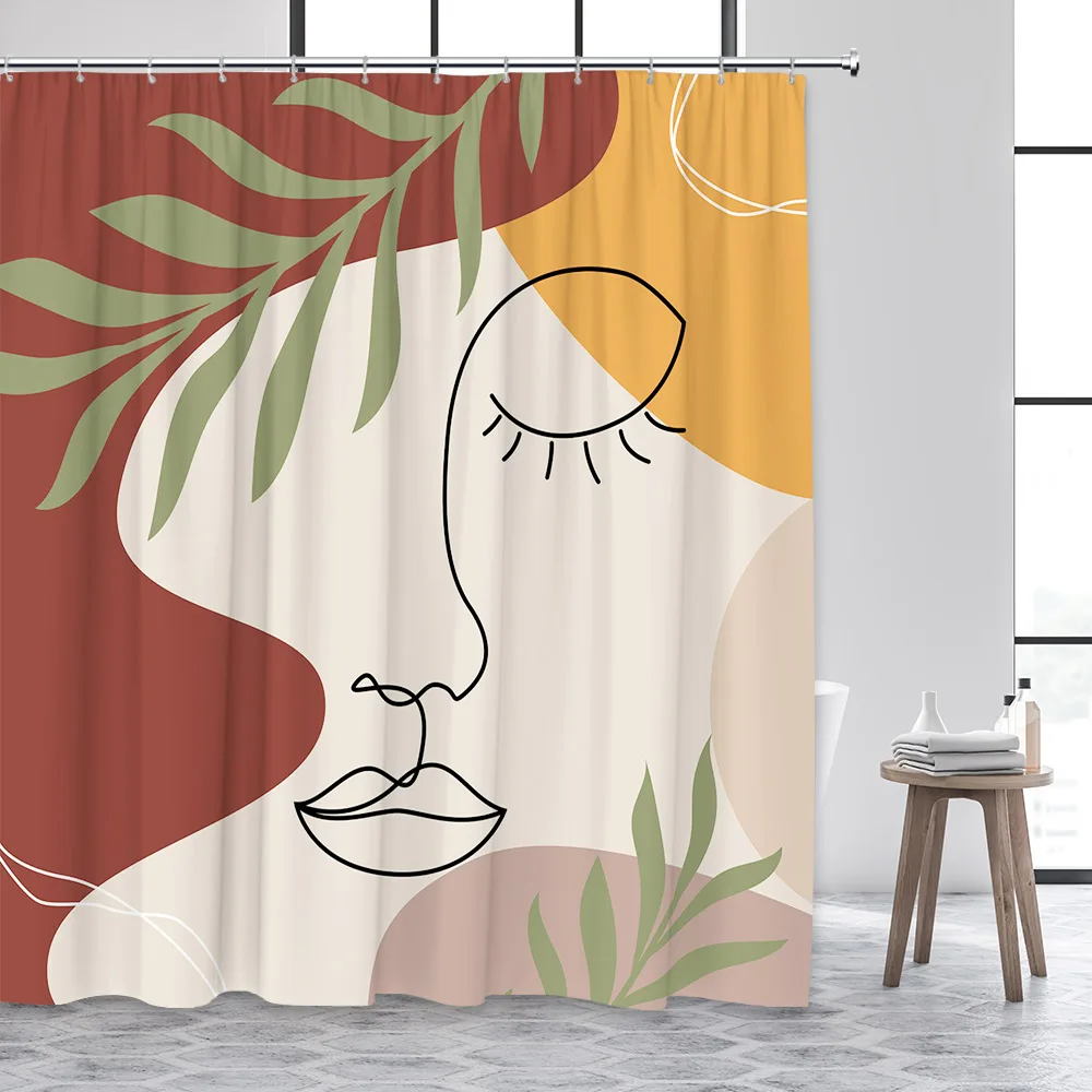 

Mid Century Abstract Face Shower Curtain Green Leaves Black Lines Geometric Creative Nordic Decor Fashion Bathroom Curtains Sets