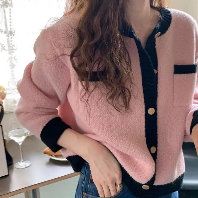 

Fashion Patchwork O-Neck Cardigan Women Autumn Elegant Lady Long Sleeve Women Sweater Female Knitted Short Coat