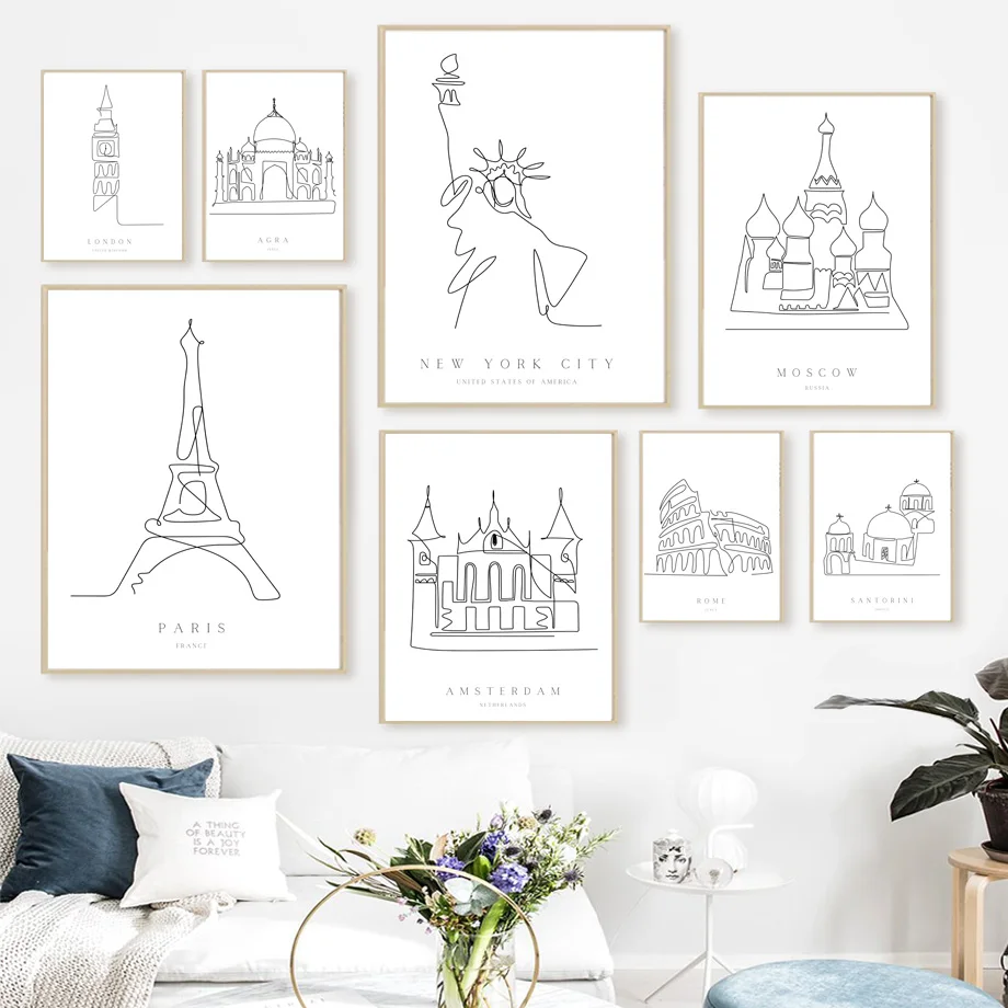 

New York Rome Colosseum Amsterdam Paris Tower Line Wall Art Print Canvas Painting Nordic Poster Decor Pictures For Living Room