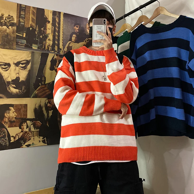 Autumn Winter Loose Knit Ins O-neck Sweater for Men Korean Fashion Personality Stripe Couple Knitted Sweater Coat Men Clothing