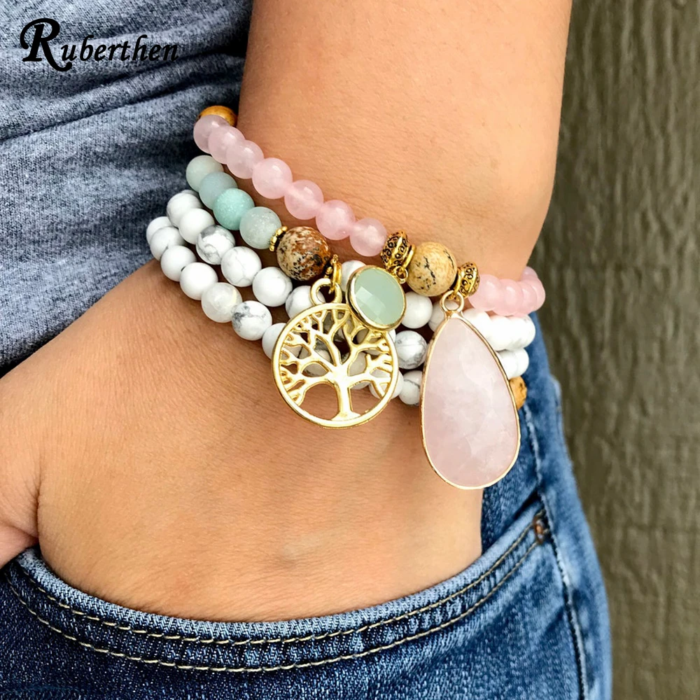 Ruberthen Matte Amazonite 108 Mala Necklace Womens 6 mm Crystal Howlite Beads Rose Quartz Charm Meditation Buddhist Jewelry on - Колье Мала Ruberthen Matte Amazonite 108 для женщин с кристаллическими бусинами Howlite 6 мм и оберегом Розовый Кварц для меди