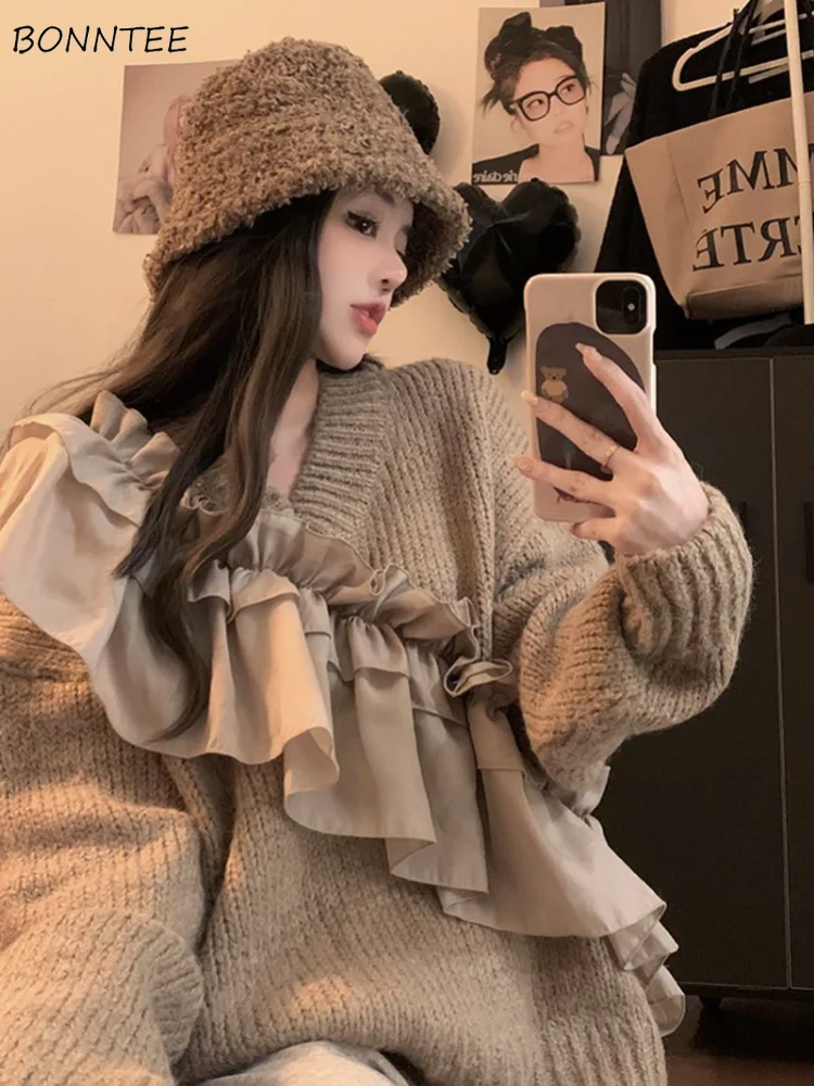 

Knitted Pullovers Women Long Sleeves Loose Ruched Designed V-neck Vintage Solid Soft Female Sweaters Winter Thick Warm Fashion