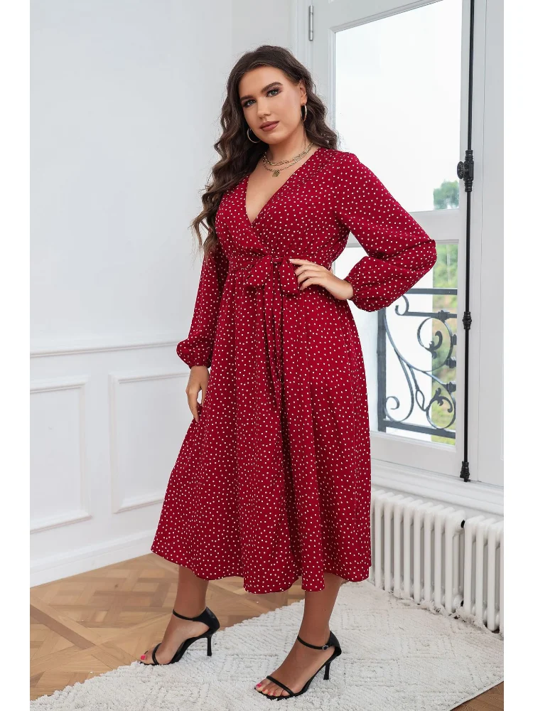 Big swing literary temperament red plus size dress cotton temperament commuter polka-dot long-sleeved women dress