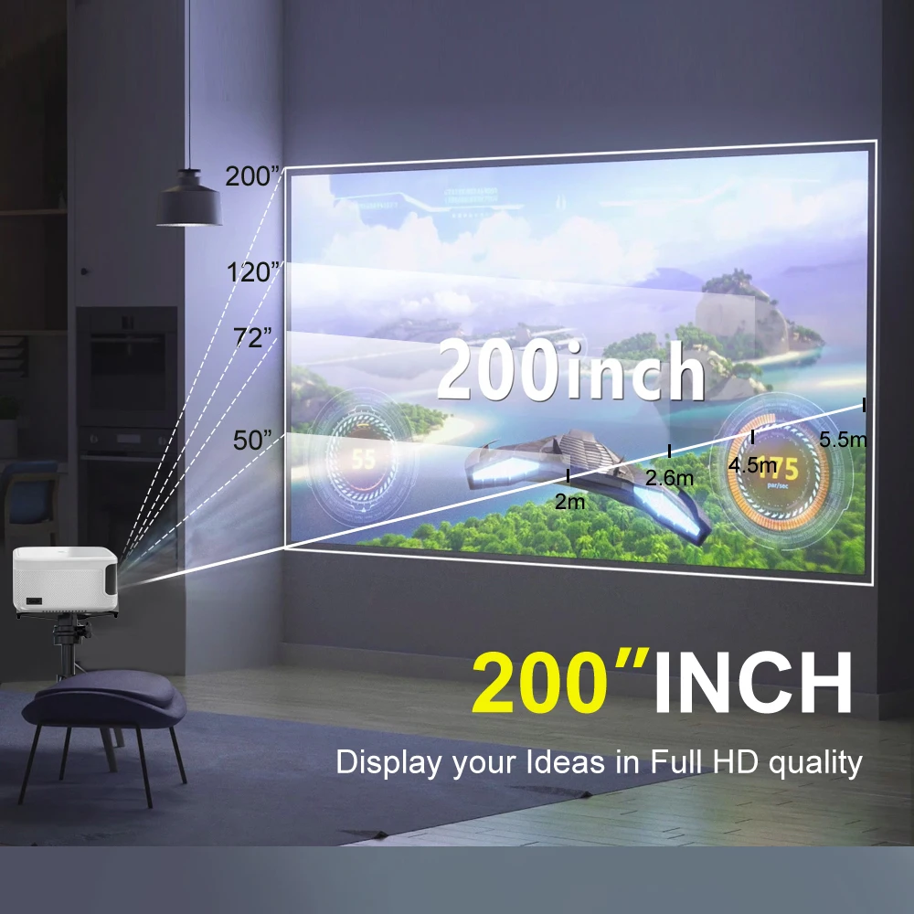 Вивисайн К6 Андроид 9.0 Портативный проектор Full HD 1080P с цифровой фокусировкой, LED-подсветкой, Wi-Fi, домашний кинотеатр и видеопроектор