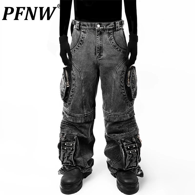 

PFNW Spring Autumn Men's High Street Wearproof Avant-garde Techwear Jeans Tide Motorcycle Three-dimensional Denim Pants 12Z1014