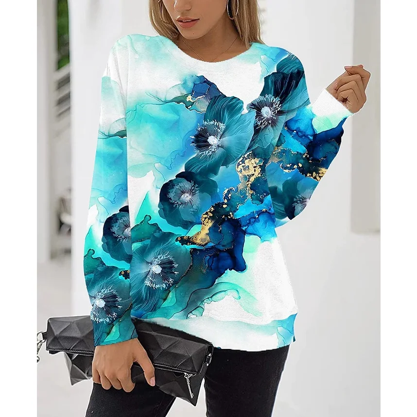 

2022 [New In] Women Long Sleeves Casual T Shirt 3D Print Floral Pattern O-Neck Street Casual Oversized Tops Plus Size