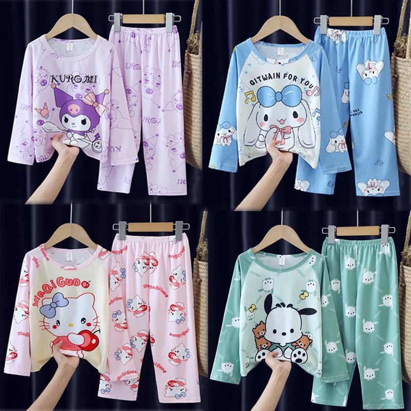 

Kawaii Sanrio Hello Kitty Kuromi Children Pajamas Anime Cute Cinnamoroll Fall Long-sleeved Thin Girls Home Wear Set Boys Pajamas