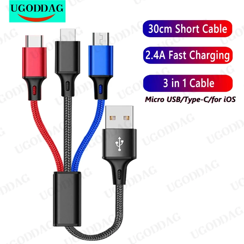 Фото 3 в 1 30 см шнур для быстрой зарядки для iPhone Xiaomi Huawei Micro USB Type C кабель для зарядного устройства с несколькими портами USB несколько USB-кабелей для зарядки №1
