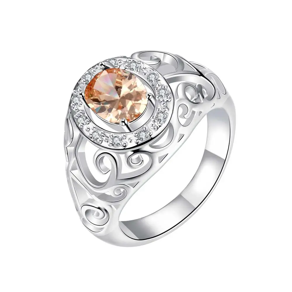 

Stone Cutout Ring Silver Plated Ring Cutout Design Set with Champagne Gold Oval Zircon R002-C-8