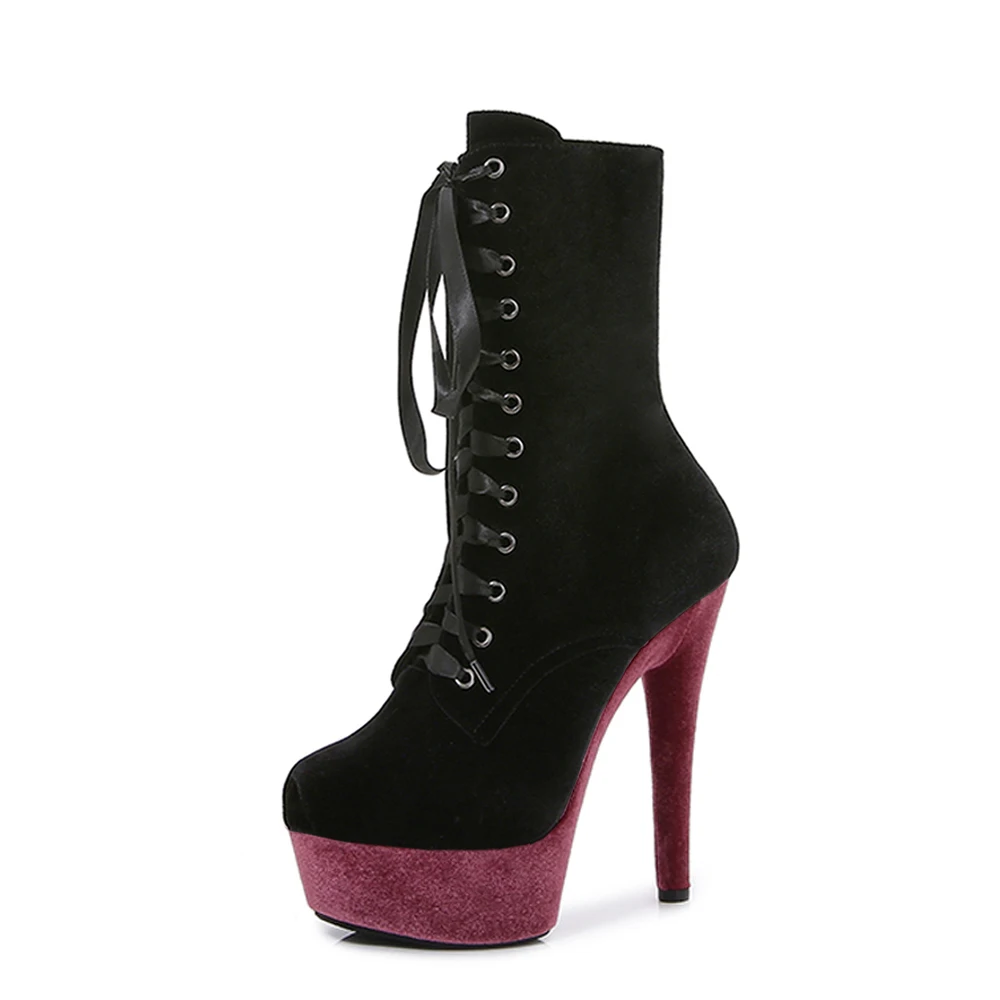 

New Fashion Summer 15cm Heels Ankle Boots Women Peep Toe Lace Up Spring Pumps Shoes Quality Suede Ladies Boots Large Size Boots