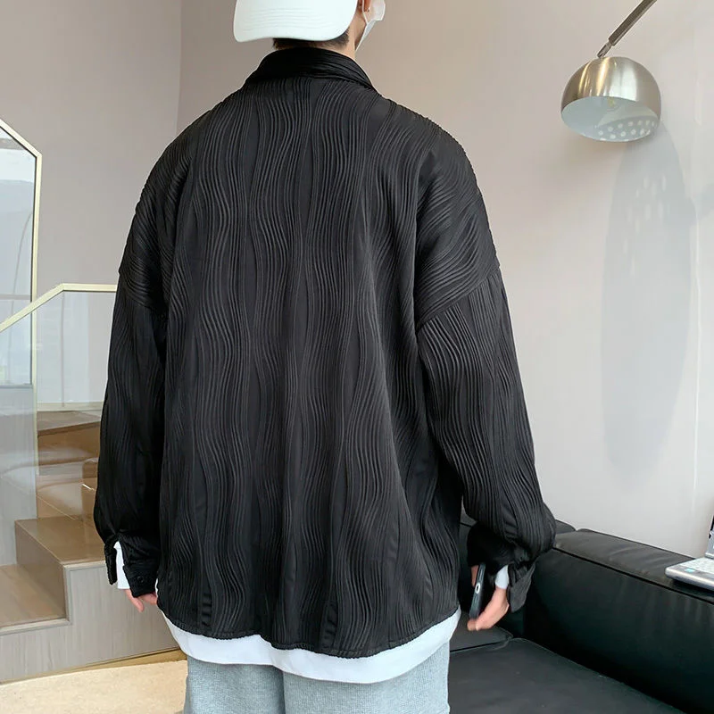 Black White Pleated Shirt Men Fashion Pocket Casual Shirt Men Korean Style Loose Long Sleeve Shirts Mens Ice Silk Shirt S-2XL