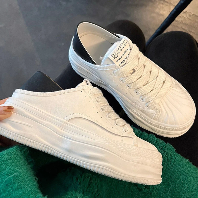 2023 5cm Chunky Sneakers Genuine Leather New Wedge Platform Shell Toe Breathable Vulcanized Summer Fashion Lace Up Ladies Shoes