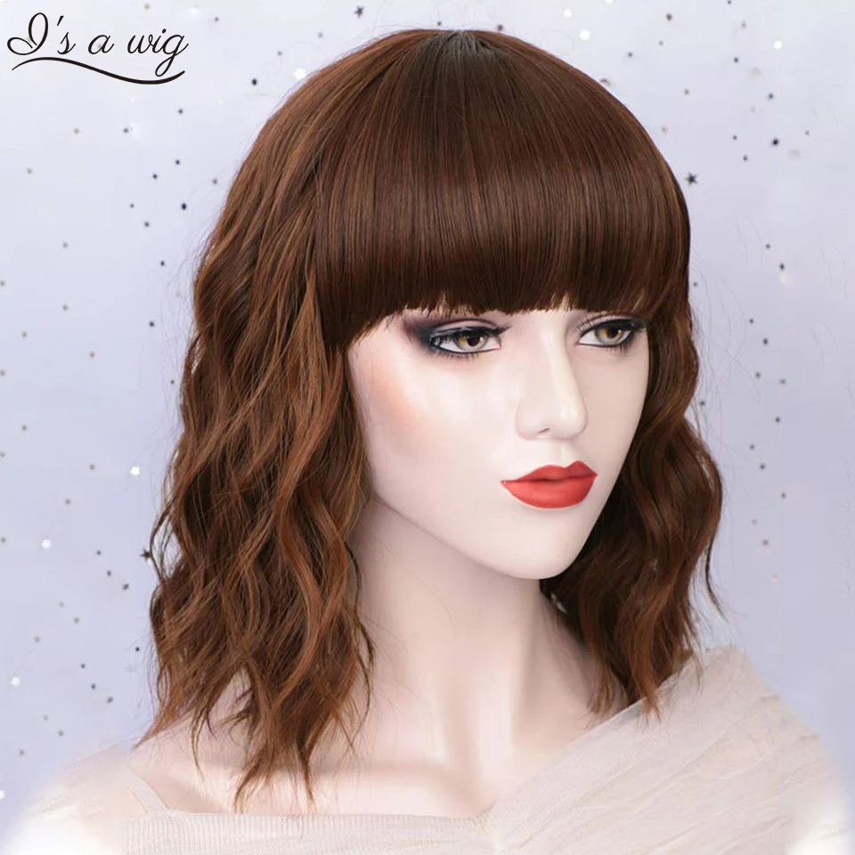 

I's a wig Short Water Wave Brown Wigs Synthetic Wigs with Bangs for Women Heat Resistant Black Blonde Red Cosplay Hair Wigs