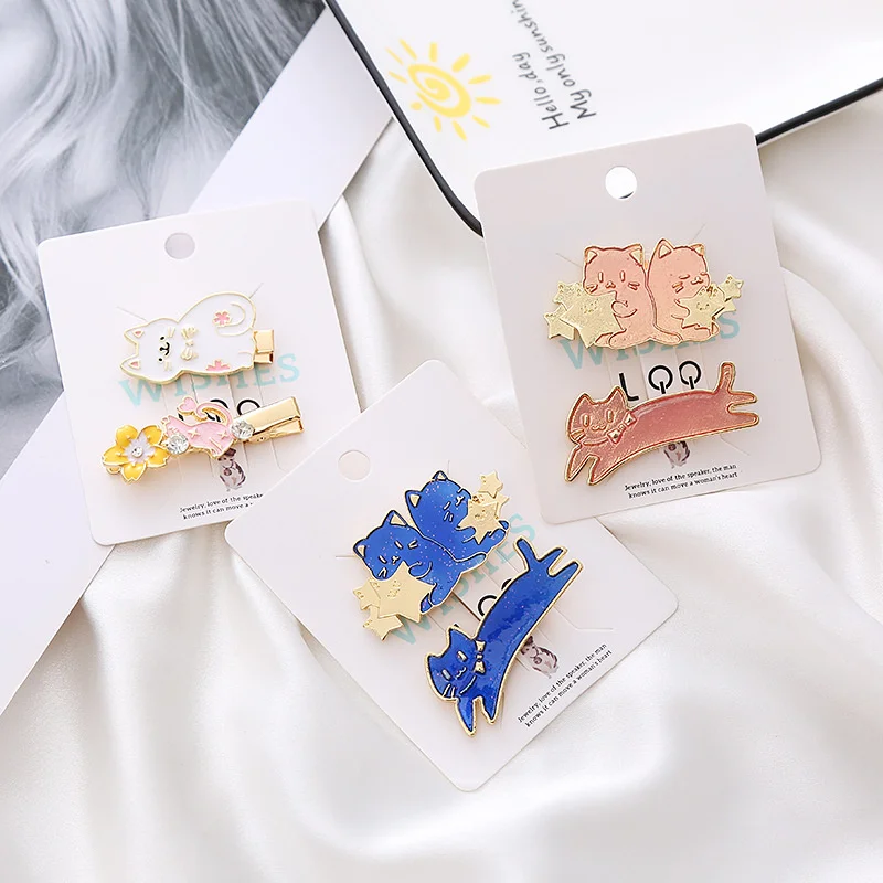 

2PCS Set Japan Metal Cartoon Star Cat Hairpin For Girl Woman Cute Kawaii Flower Designer Side Hair Clips Fashion Accessories