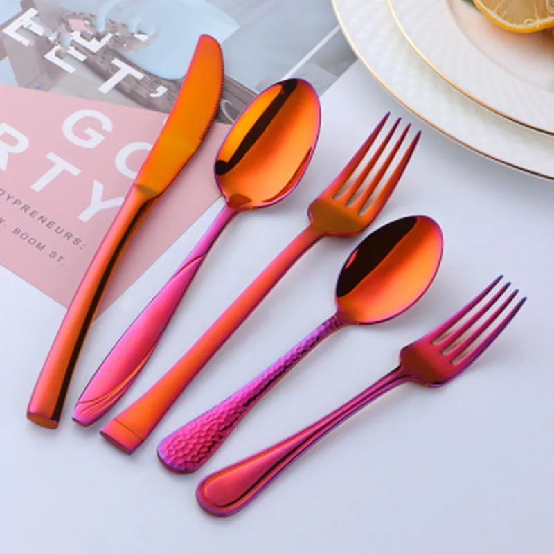 

5 шт. высококачественные роскошные красные золотые модные оранжевые и красные серебряные столовые приборы из нержавеющей стали кухонная Ло...