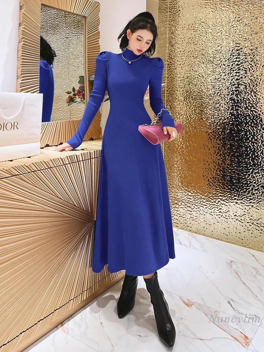 Maxi Knitted Dress for Women Long Sleeve Solid Color Spring Autumn and Winter New Slim Fit Sweet Solid Color All-Match Underwear