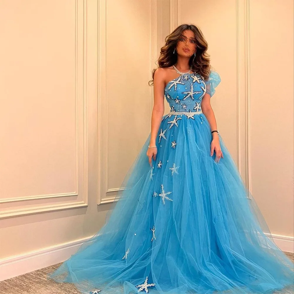 

Sevintage Saudi Arabic Tulle Evening Dresses Pearls Beading One Shoulder Pleat Ruched A-Line Prom Dress Wedding Party Gown 2023
