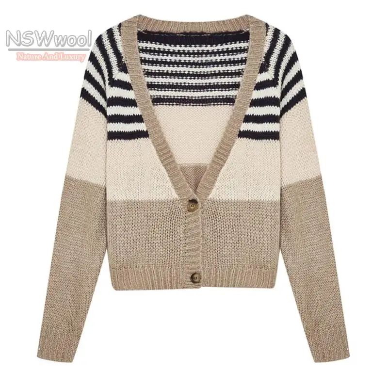 

Luxury Mohair Angora Goat Wool Woolen 2022 Autumn Winter Women Buttons Brown Khaki Black Strips Cardigan Sweater Knit
