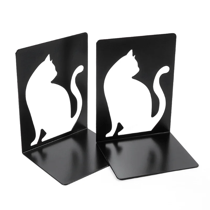 

1 Pair Black Cute Cat Metal Bookends Hollow-out Persian Kitten Book Stands Lightweight Durable Non-Slip Book Holders