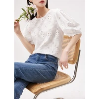 shuchan design high quality hollow out puff sleeve blusas mujer de moda 2022 verano cotton thin young style blouses