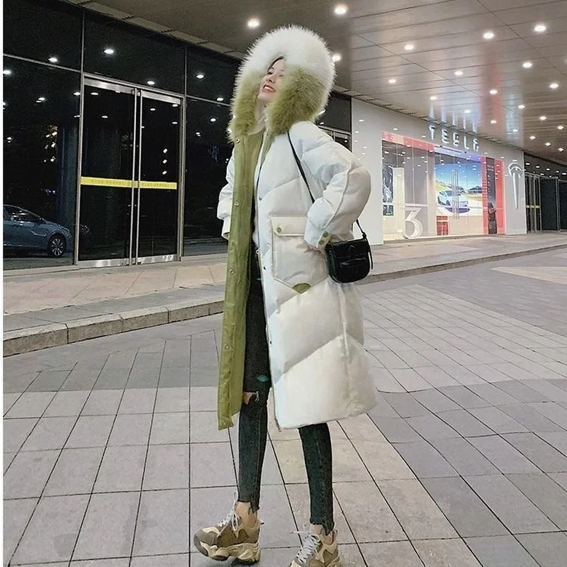 Women Casual Fashion Long Warm Fur Collar Hooded Loose Overcoat Parkas Jackets 2021 Winter New Coat Ladies Color Contrast Trench