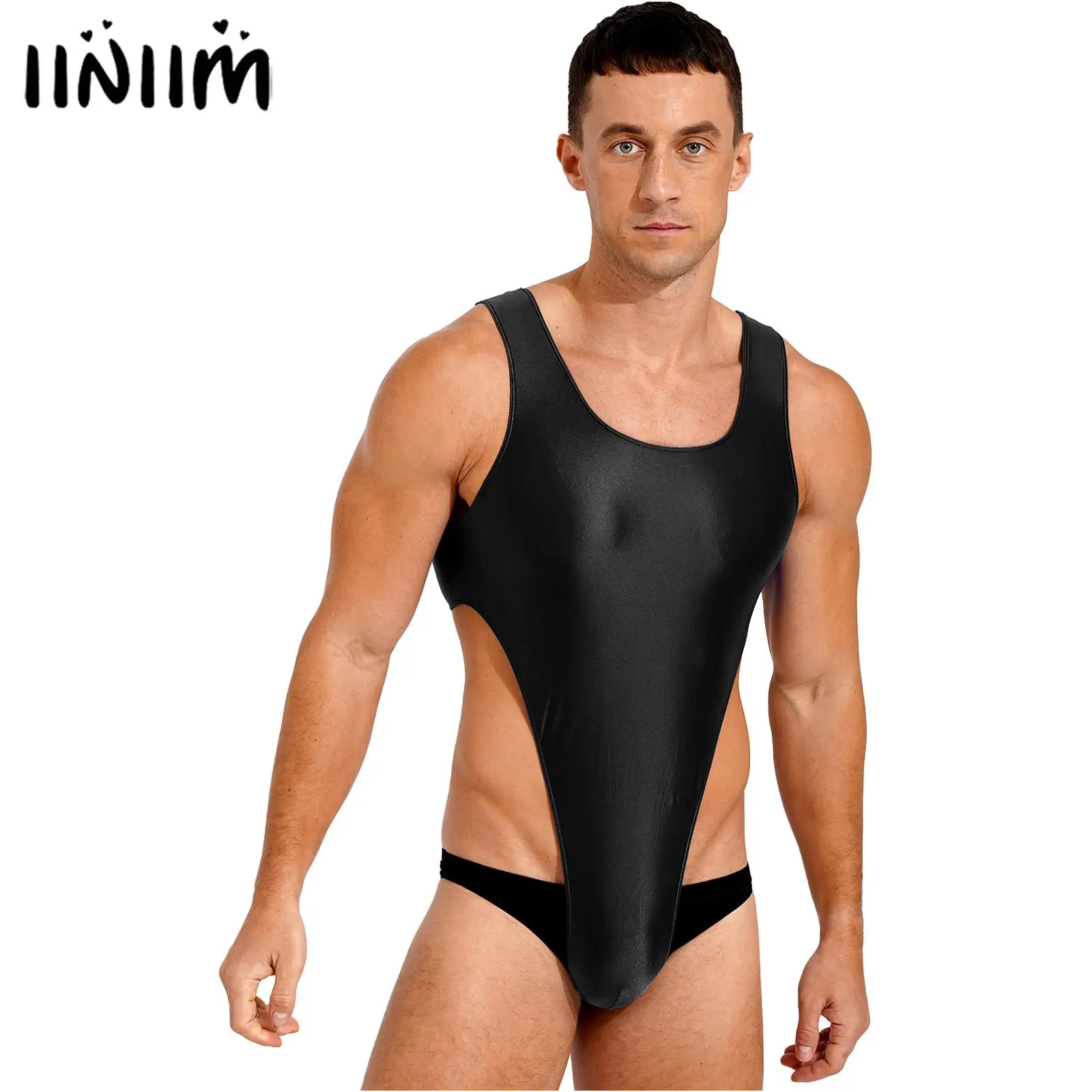

Men Mankini Swimwear U Neck Sleeveless One-Piece Swimsuit Bodysuit Underwear Glossy Stretchy High Cut Leotard Jumpsuit Beachwear
