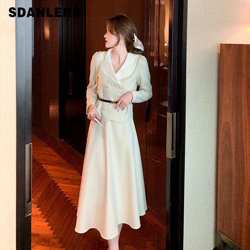 French Gentle Suit for Women 2022 Spring New Korean Style Long Sleeve Coat Waist Slimming A- Line Skirt Elegant Two-Piece Set
