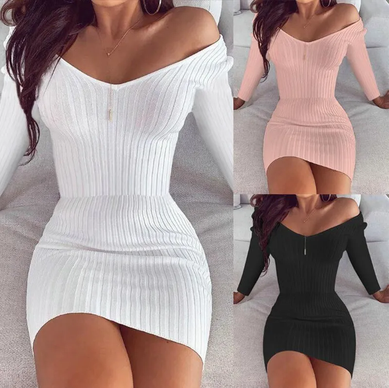 

Autumn Women's New Sexy Temperament V-neck Pure Colour Slim Long Sleeve Dresses