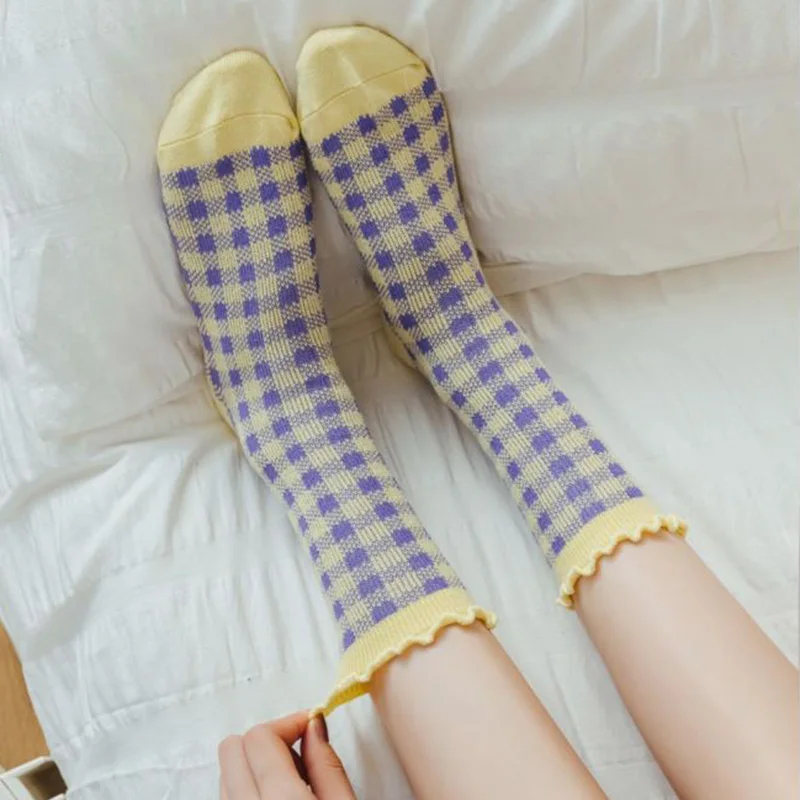 7 Pair Fashion New Frilly Socks Women Checkered Long Winter Cotton Socks For Women Christmas Gifts Cute Woman Leg Warmers Korean