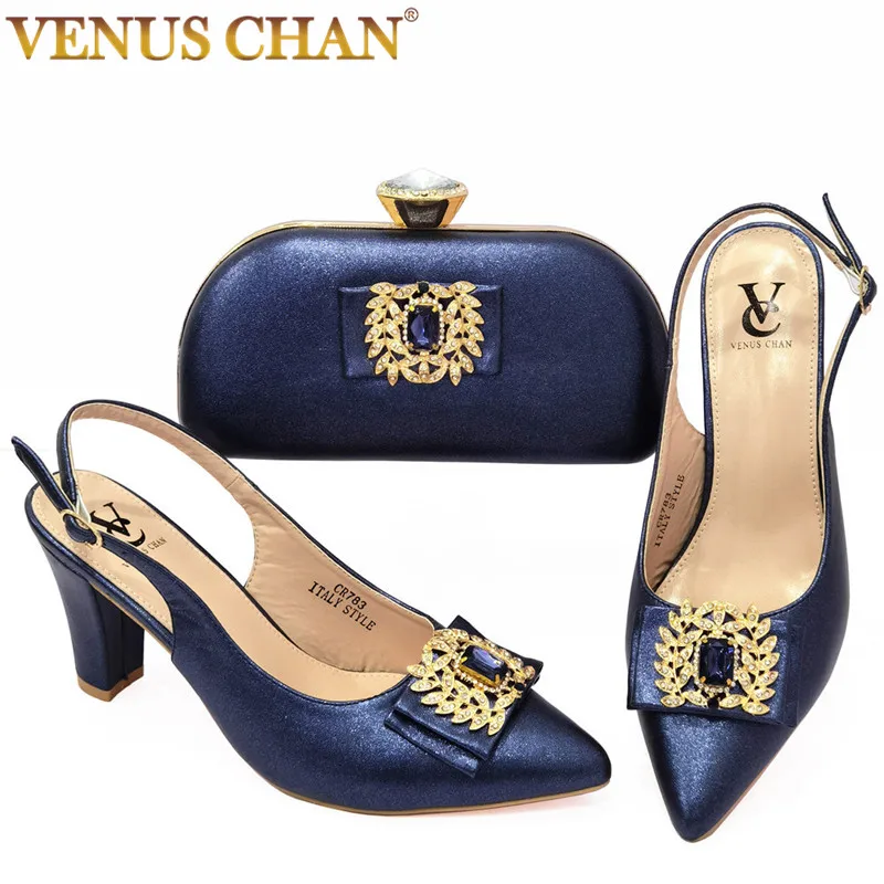 

2022 Spring New Arrivals Nigerian Women Shoes Matching bag Set in Blue Color Classics with Shinning Crystal for Wedding Party