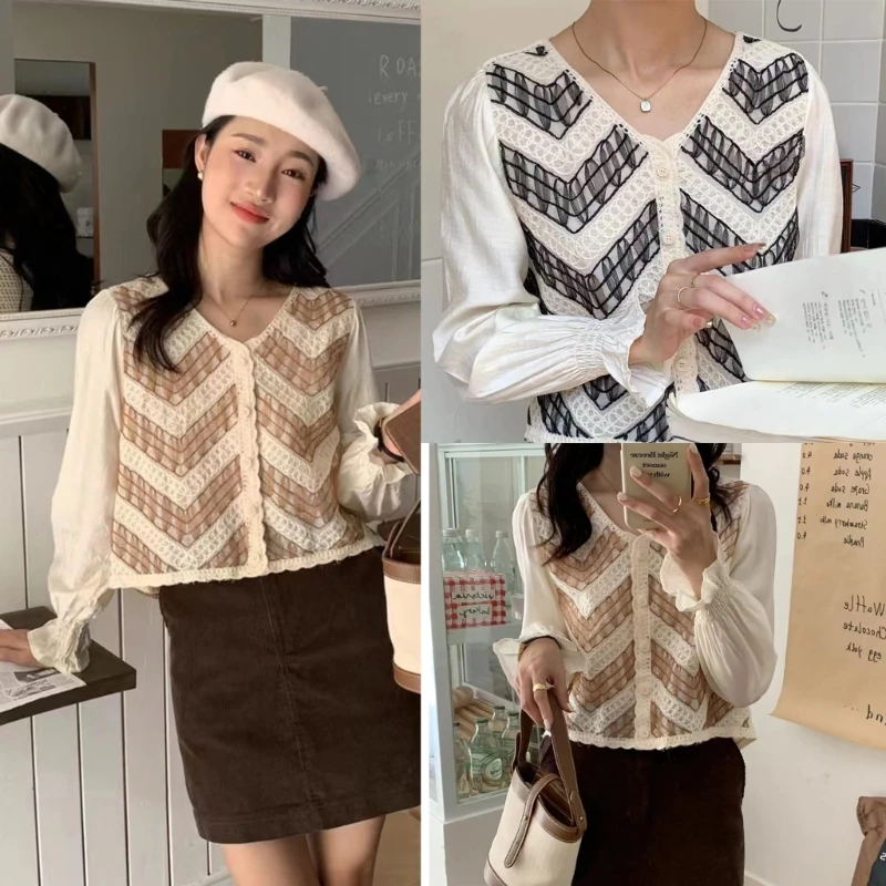 

Women Spring Autumn Long Sleeve Chiffon Sweet Shirt Elegant Tunic Tops Blouse Cuffed Elegant V-Neck Casual Floral Drop Shipping