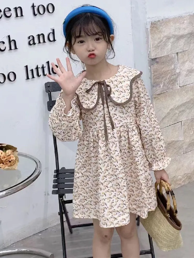 

Laura Kors Winter New Arrivals Girls Dresses Long Sleeve O Neck Floral Brown Cute Sweet Baby Dress Vestidos 18M-6T