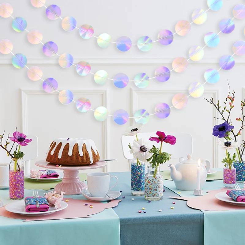 Laser Mirror Paper Star Round Garland Flash Banner Birthday Party Decoration Baby Shower Wedding Wall Hanging Decor DIY Supplies |