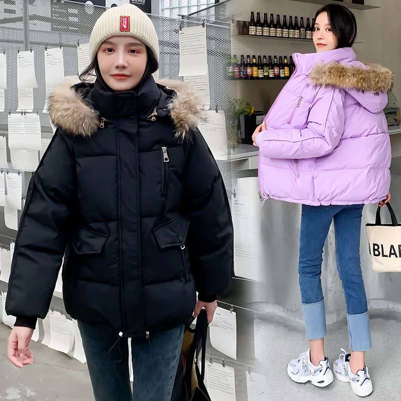 2022 New Women's Short Cotton Padded Coats Detachable Hood Raccoon Fur Collar Parkas Thick Warm Student Outerwear Loose Tops