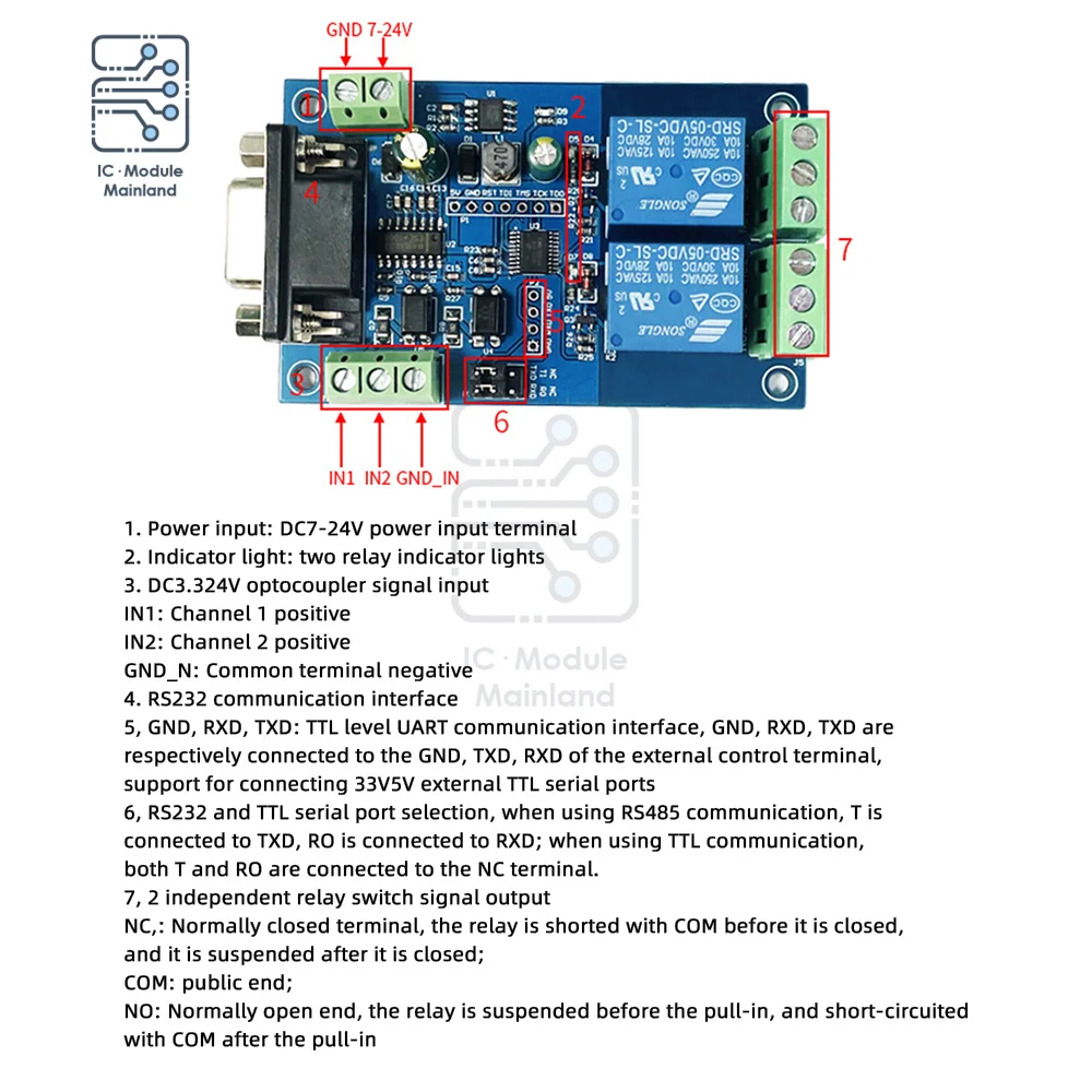 DC7-24V 2-канальный модуль Modbus RTU с одним релейным модулем RS232/TTL UART блок питания для