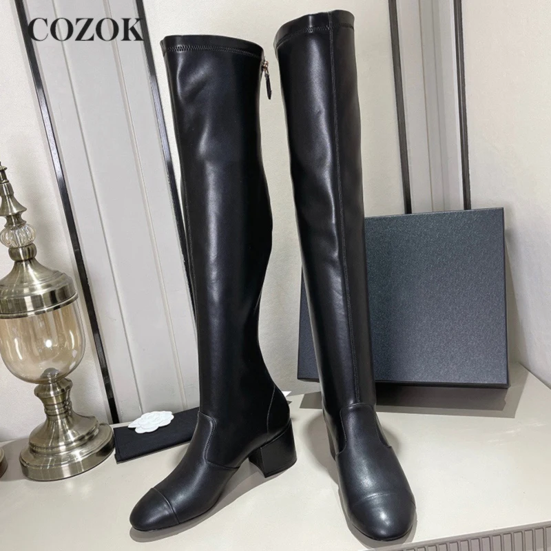 

High Quality Elasticity Sheepskin Zipper Women's Mid Heel Long Boots Comfortable All-Match Knee-Length Boots Autumn Winter