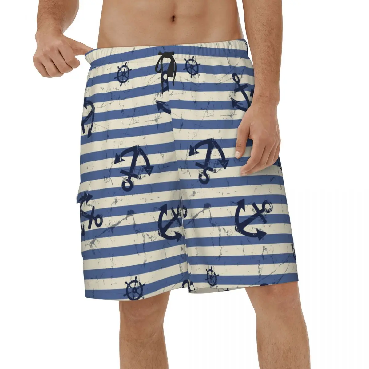 

Printed Shorts Anchor And Navy Blue Stripes Summer Men's Beach Board Shorts Male Swimming Shorts