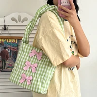 kawaii plaid with bow shoulder bag korean fashion candy color soft tote bags high capacity shopping reusable cute shopper bags