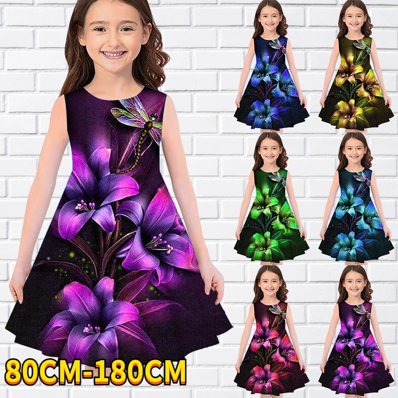

Kids Little Girls Sleeveless Floral Print Dress Girls Dress 3D Kids Daily Casual Cute Sweet Over Knee Sleeveless Dress 80-180CM