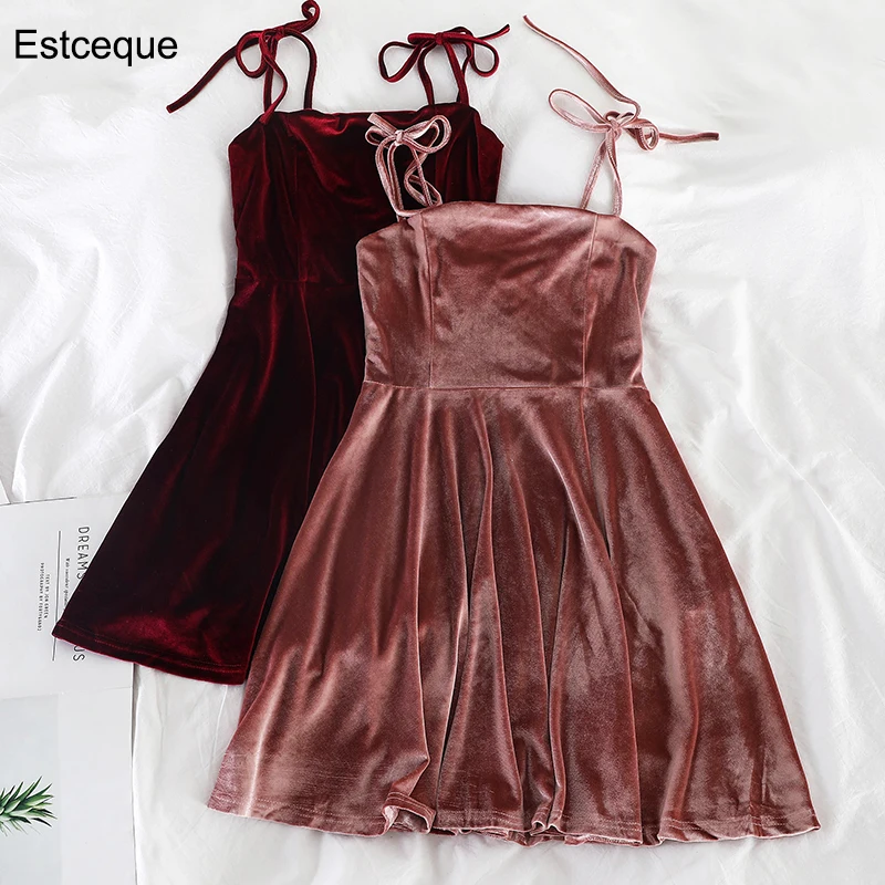 

2022 Summer Black Sexy Dress Velvet Mini Dress for Women High Waist Slim Strappy Bow Suspender A-line Mini Dress Woman Dress