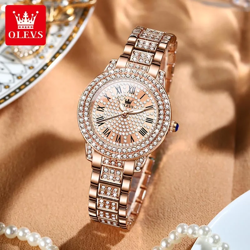 OLEVS Quartz Watch 2023 Brand New Women Watch Luxury Diamond Case Rose Gold Casual Clock Womens Watches Waterproof Shockproof