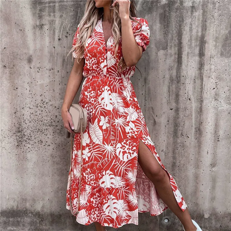 

Летнее платье с цветочным принтом, женское сексуальное платье с V-образным вырезом и Боковым Разрезом, Элегантное Длинное Платье на талии, ж...