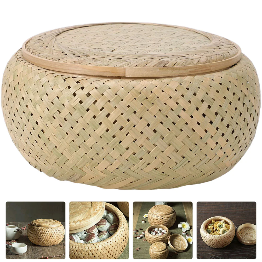 

Storage Basket Rattan Boxeslid Handwoven Box Wicker Woven Round Bins Makeup Teabin Baskets Seagrass Organizer