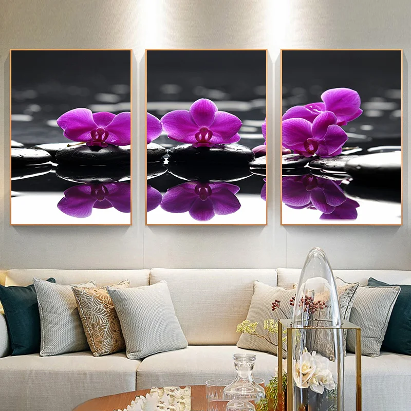 

3 Панели, Картина на холсте с изображением дзен камней, фиолетовых бабочек, орхидеи, плакаты и принты, настенные картины, декор для гостиной и...