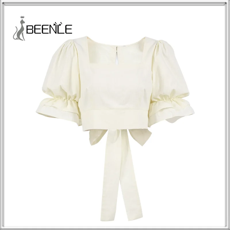 

BEENLE 2022 Summer Women's New French Short Cropped Navel Cotton Linen Tops Backless Bow All-match Short-sleeved Shirts