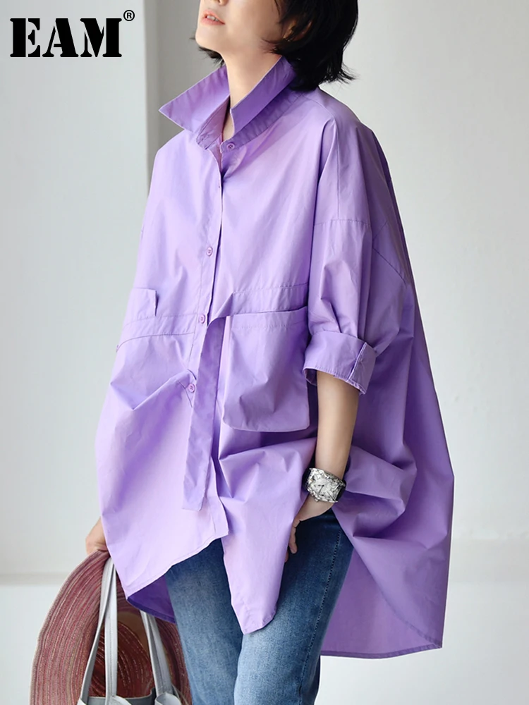 

[EAM] Women Purple Pocket Big Size Long Blouse New Lapel Half Sleeve Loose Fit Shirt Fashion Tide Spring Autumn 2022 1DE9594