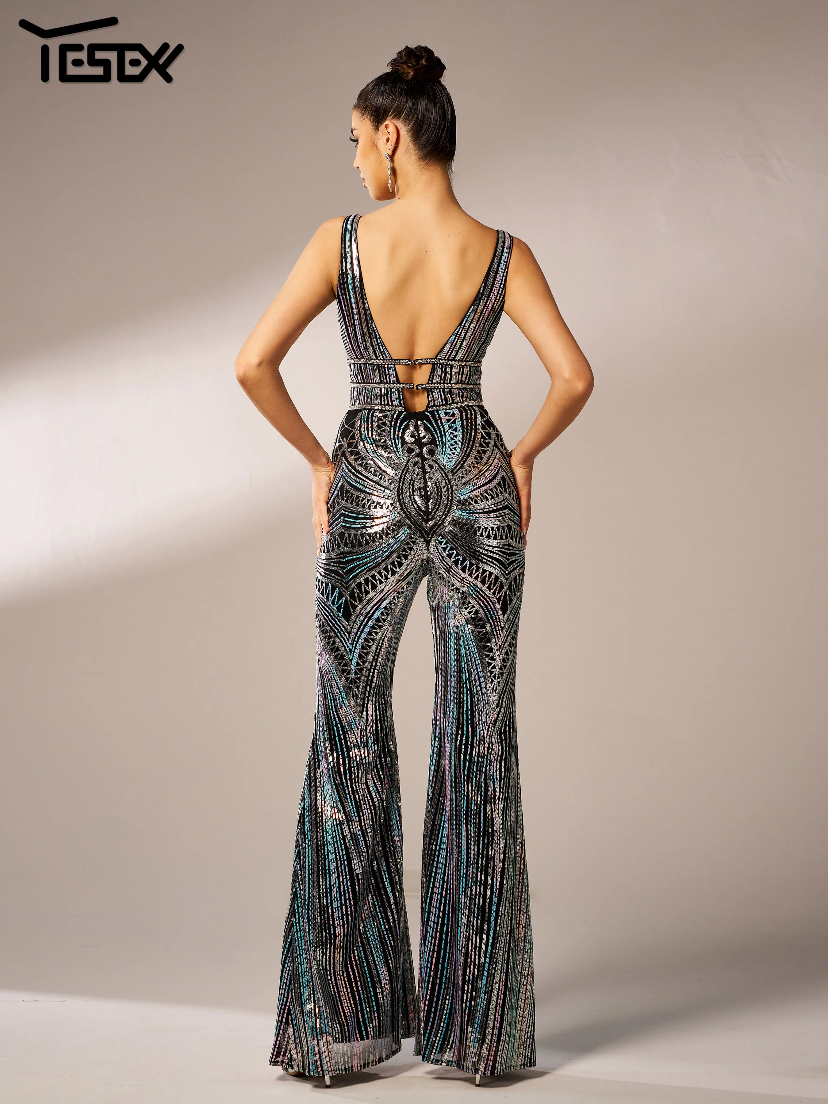 Новый черный шикарный элегантный деловой комбинезон Yesexy с V-образным вырезом и