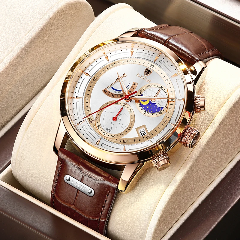 Часы наручные LIGE Мужские кварцевые брендовые Роскошные деловые модные