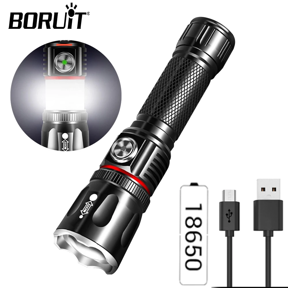 BORUiT Rechargeable LED Flashlight 18650 Surrounding COB Lamp Support Zoom Flashlight Outdoor Waterproof Tail Magnetic Camping